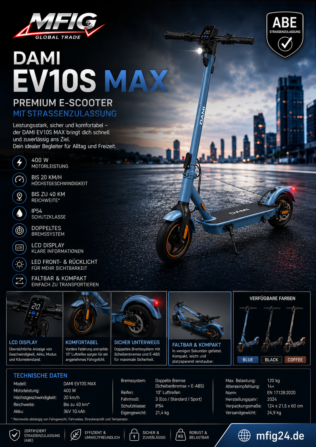 Blauer Premium E-Scooter EV10S Max mit Straßenzulassung