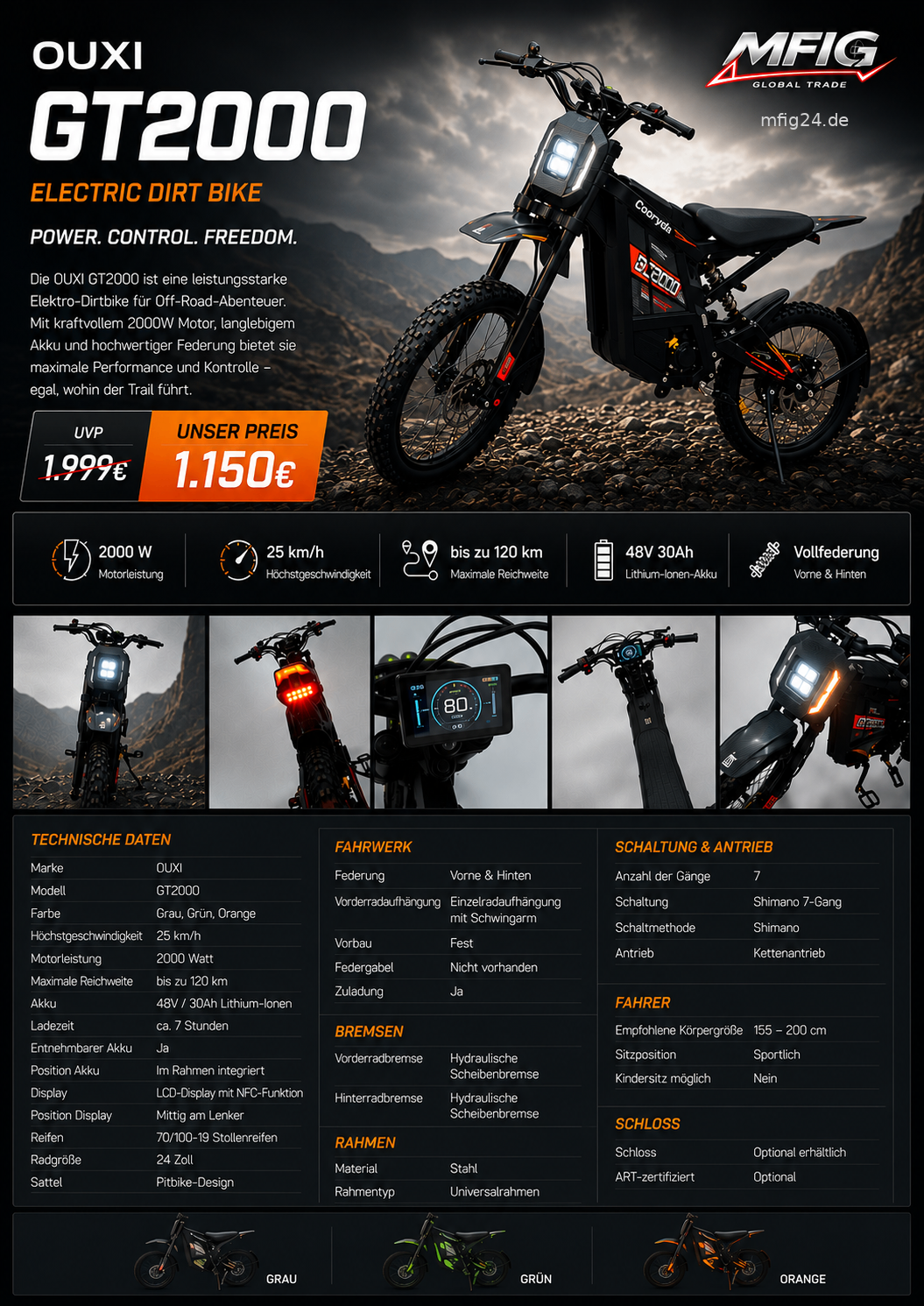 Elektrisches Dirt Bike GT2000 mit technischen Produktdetails