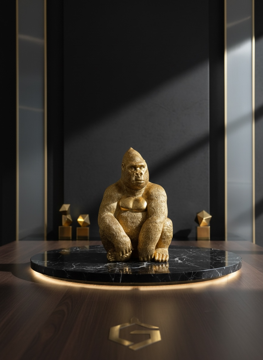 Goldene Gorilla-Dekofigur auf Marmorplatte